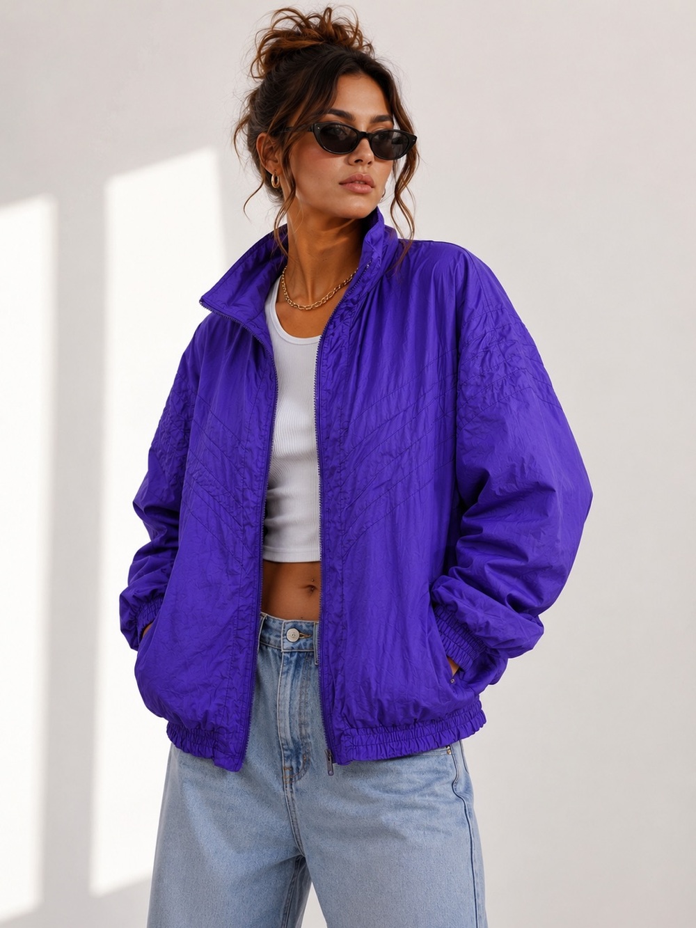 Milano Sport Vintage Purple Windbreaker Jacket Large Petite 90s Full Zip